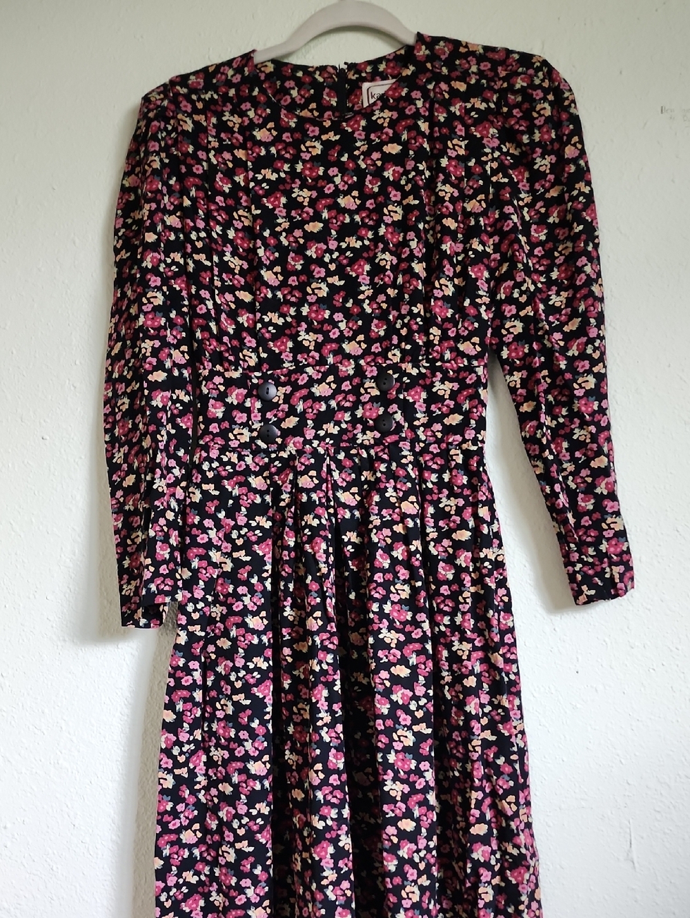 Vintage Karin Stevens Long Sleeve Floral Midi Dress in Black and Pink - Women